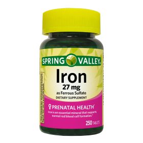 Spring Valley Iron as Ferrous Sulfate Tablets Dietary Supplement;  27 mg;  250 Count