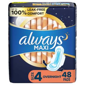Always Maxi Overnight Pads with Wings;  Size 4 Unscented 48 Ct
