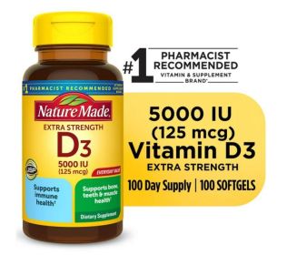 Nature Made Extra Strength Vitamin D3 5000 IU (125 mcg) Softgels, Dietary Supplement for Bone and Immune Health Support, 100 Count (Brand: Nature Made)